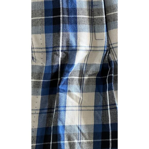 Vintage 70s 80s Curtains Blue Ivory Retro Plaid Pinch Pleat Panels Pair 34x50 - Picture 4 of 5